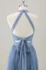 Grey Blue A-Line Halter Long Bridesmaid Dress with Slit sold by Zapaka