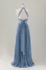 Grey Blue A-Line Halter Long Bridesmaid Dress with Slit sold by Zapaka