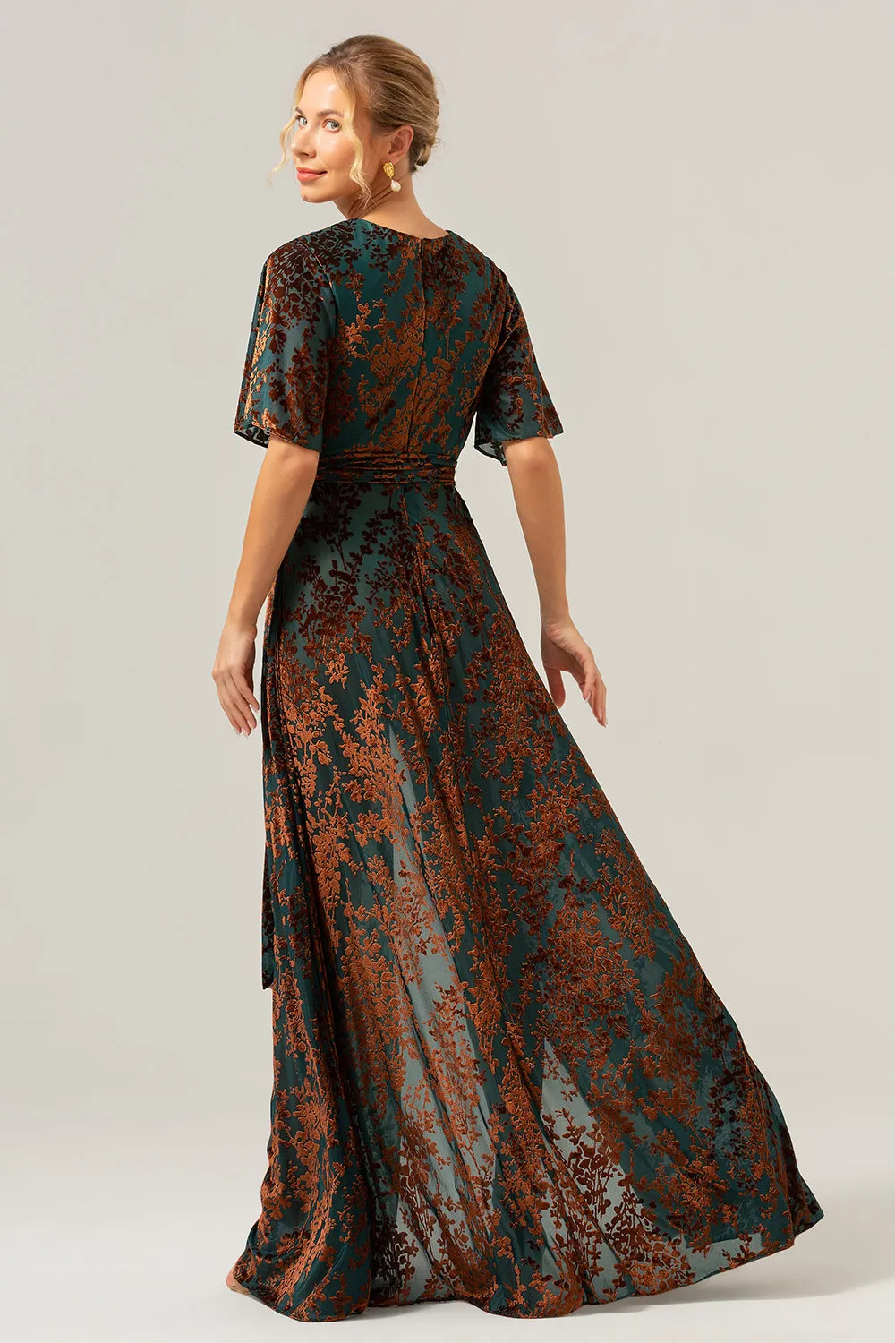 Dark Green A Line Burnout Velvet Long Prom Dress with Short Sleeves sold by Zapaka product image thumbnail 2