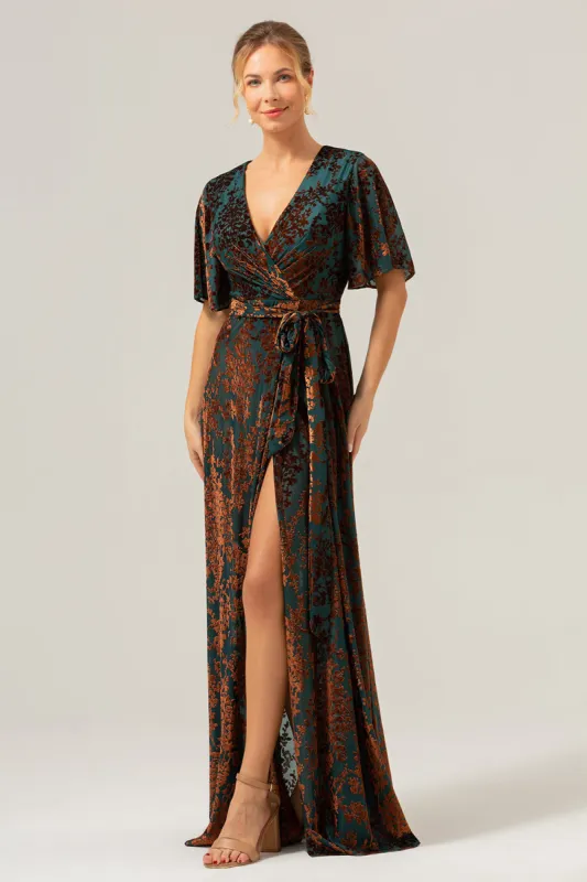 Dark Green A Line Burnout Velvet Long Prom Dress with Short Sleeves sold by Zapaka