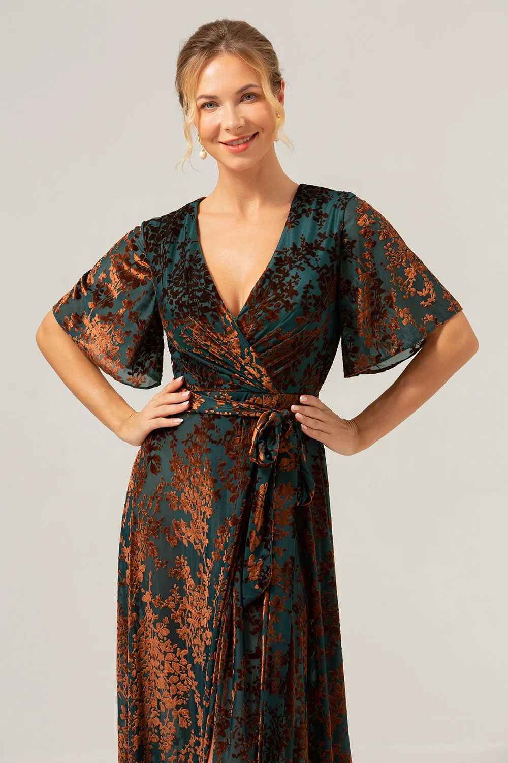 Dark Green A Line Burnout Velvet Long Prom Dress with Short Sleeves sold by Zapaka product image thumbnail 5