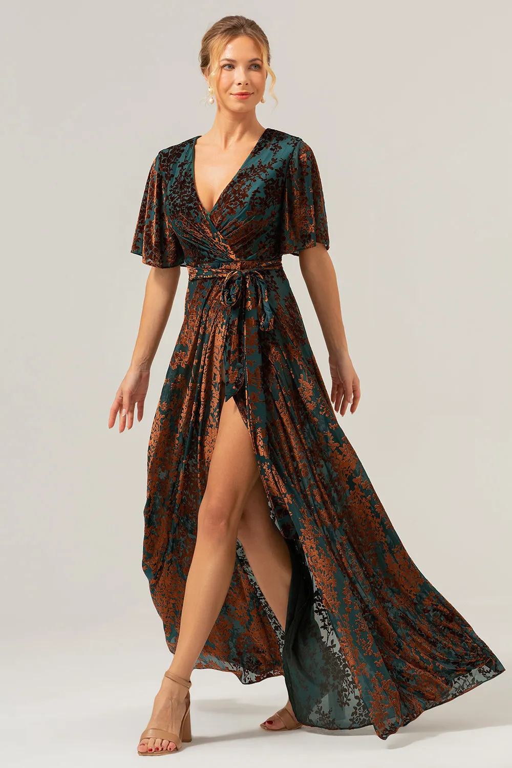 Dark Green A Line Burnout Velvet Long Prom Dress with Short Sleeves sold by Zapaka product image thumbnail 3