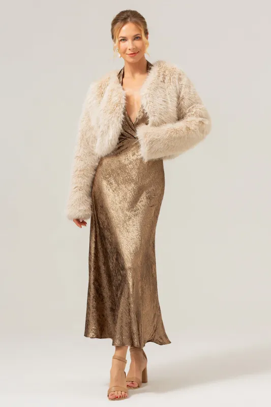 Open Front Apricot Shearling Faux Fur Cropped Coat sold by Zapaka