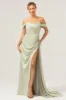 Sage Mermaid Off The Shoulder Pleated Satin Bridesmaid Dress with Slit sold by Zapaka