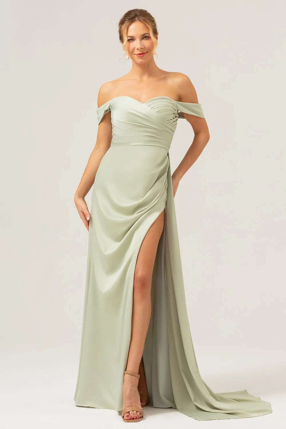 Sage Mermaid Off The Shoulder Pleated Satin Bridesmaid Dress with Slit sold by Zapaka product image thumbnail 3