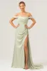 Sage Mermaid Off The Shoulder Pleated Satin Bridesmaid Dress with Slit sold by Zapaka