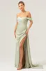 Sage Mermaid Off The Shoulder Pleated Satin Bridesmaid Dress with Slit sold by Zapaka