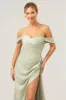 Sage Mermaid Off The Shoulder Pleated Satin Bridesmaid Dress with Slit sold by Zapaka