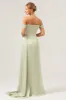 Sage Mermaid Off The Shoulder Pleated Satin Bridesmaid Dress with Slit sold by Zapaka