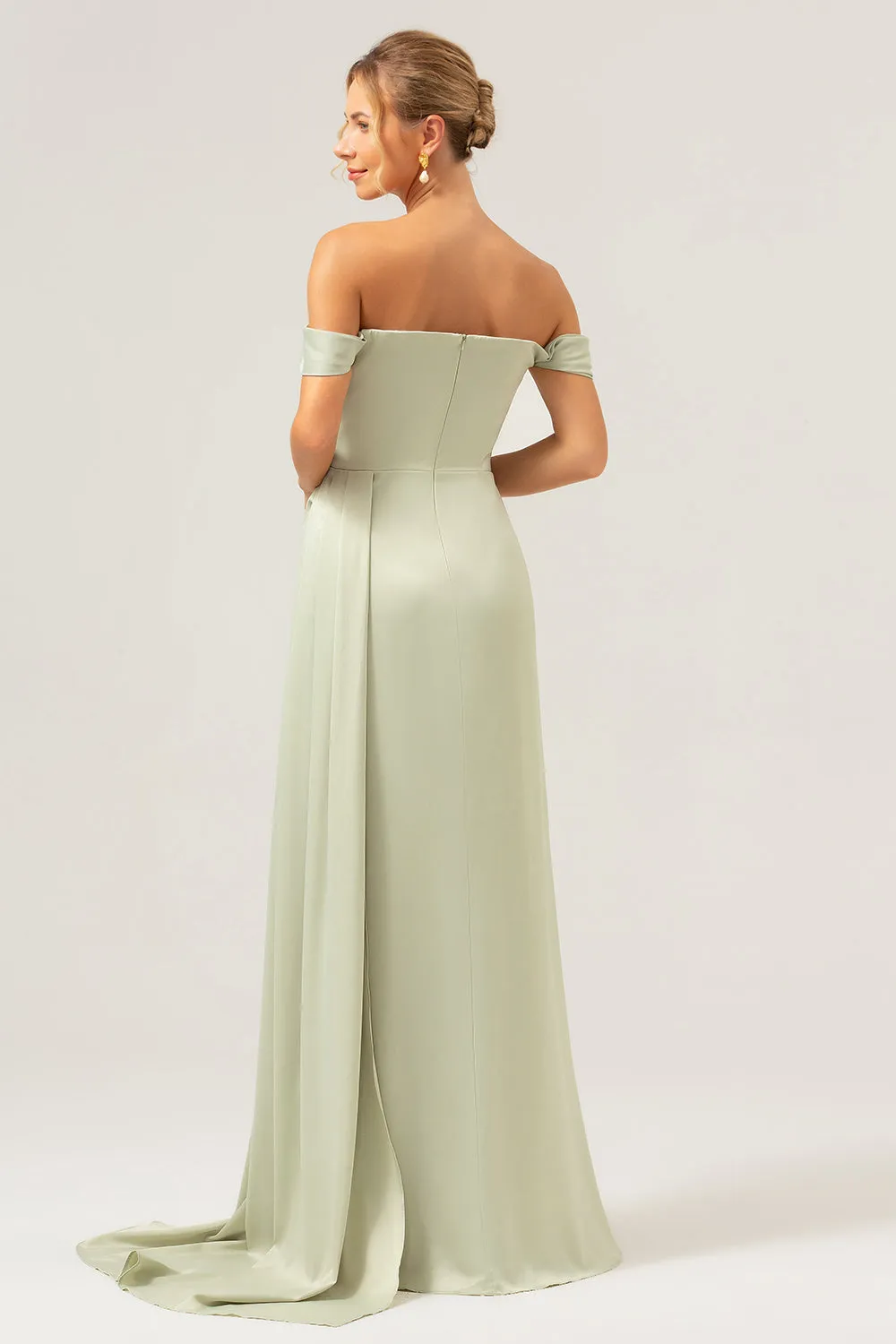 Sage Mermaid Off The Shoulder Pleated Satin Bridesmaid Dress with Slit sold by Zapaka product image thumbnail 2