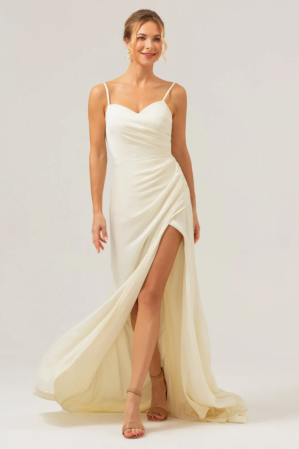 Ivory Sheath Spaghetti Straps Ruched Long Satin Bridesmaid Dress With Slit sold by Zapaka product image thumbnail 3