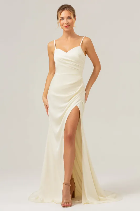 Ivory Sheath Spaghetti Straps Ruched Long Satin Bridesmaid Dress With Slit sold by Zapaka