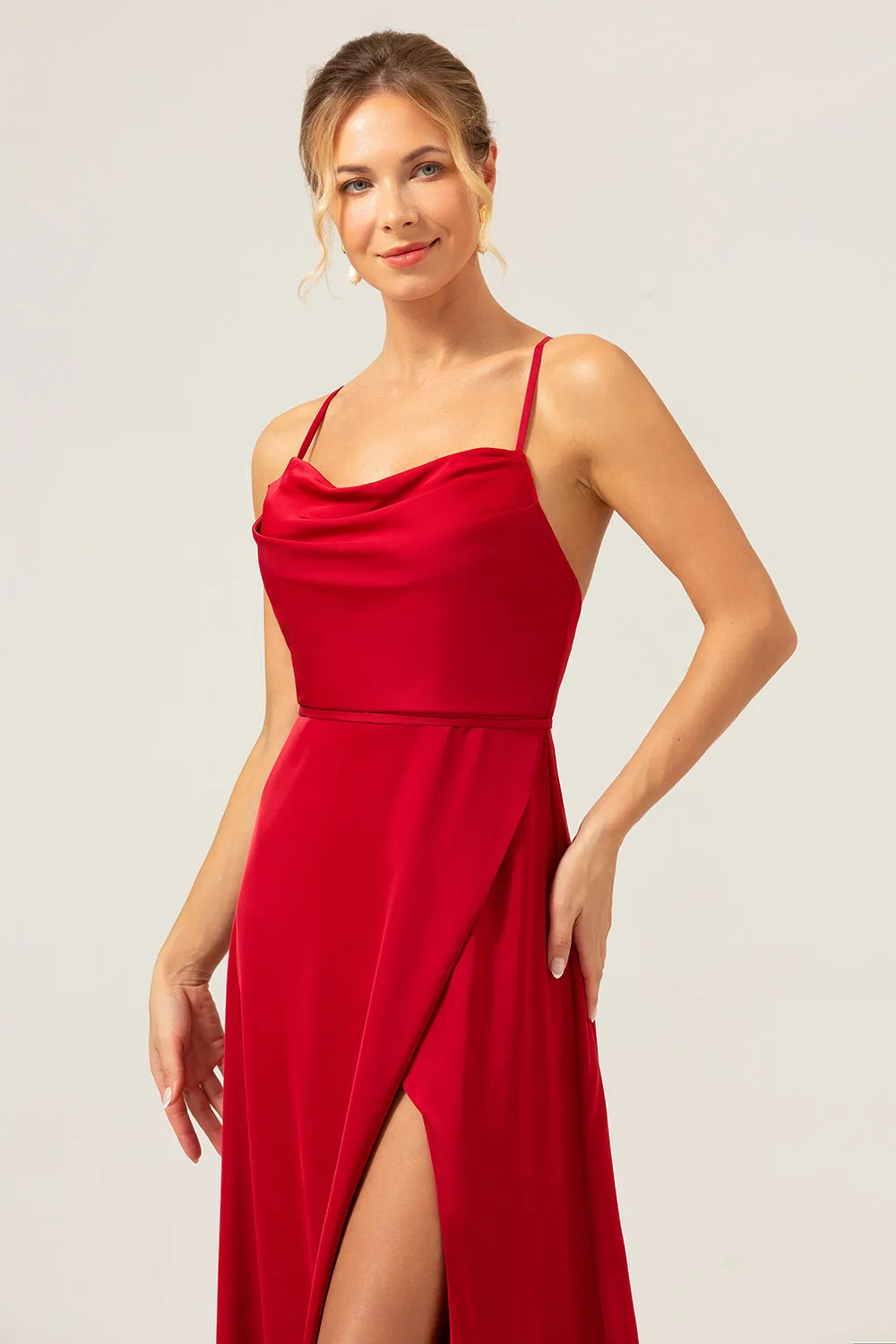 Burgundy A Line Spaghetti Straps Backless Satin Long Bridesmaid Dress with Slit sold by Zapaka product image thumbnail 3
