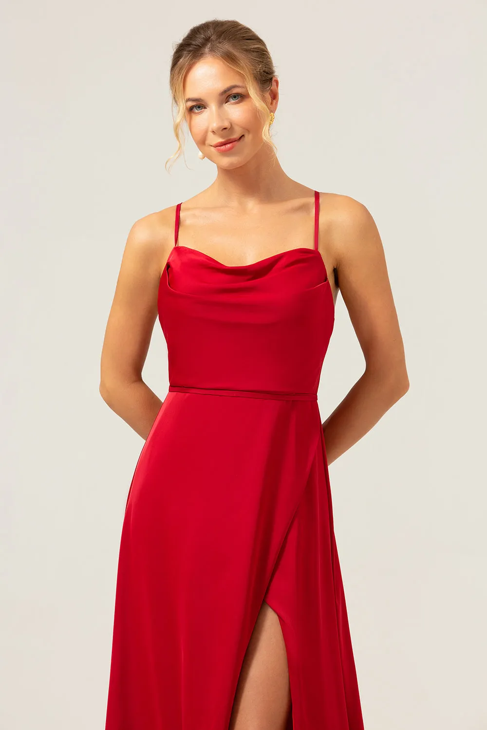 Burgundy A Line Spaghetti Straps Backless Satin Long Bridesmaid Dress with Slit sold by Zapaka product image thumbnail 4