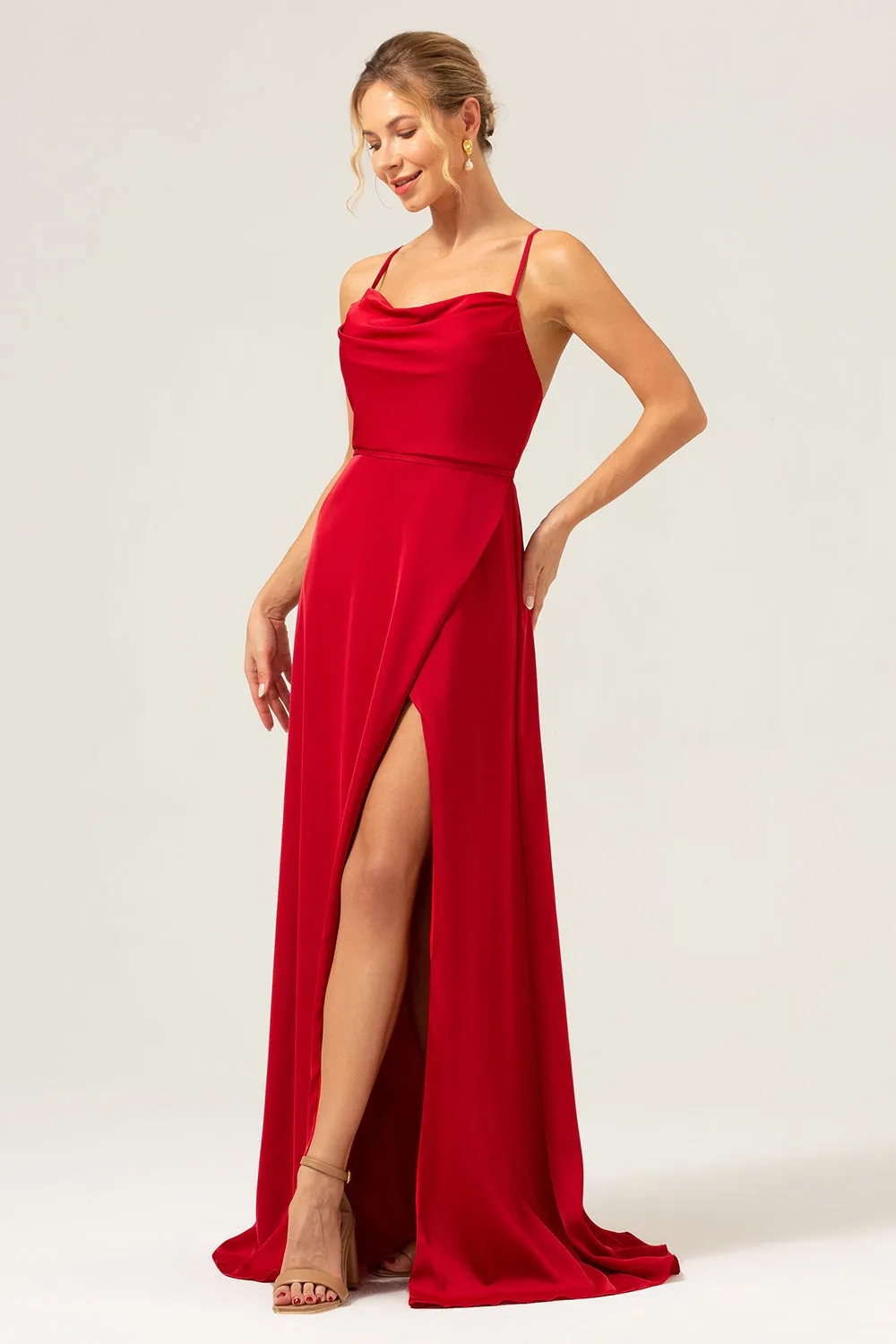 Burgundy A Line Spaghetti Straps Backless Satin Long Bridesmaid Dress with Slit sold by Zapaka product image thumbnail 2
