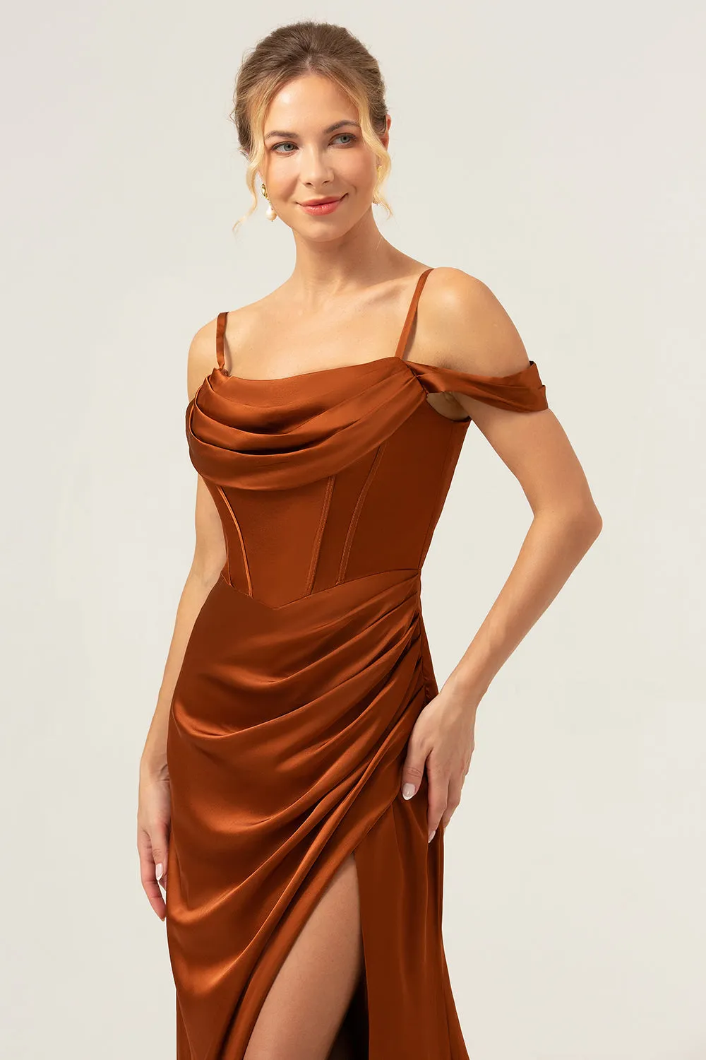 Coffee Mermaid Cold Shoulder Ruched Corset Long Bridesmaid Dress with Slit sold by Zapaka product image thumbnail 5