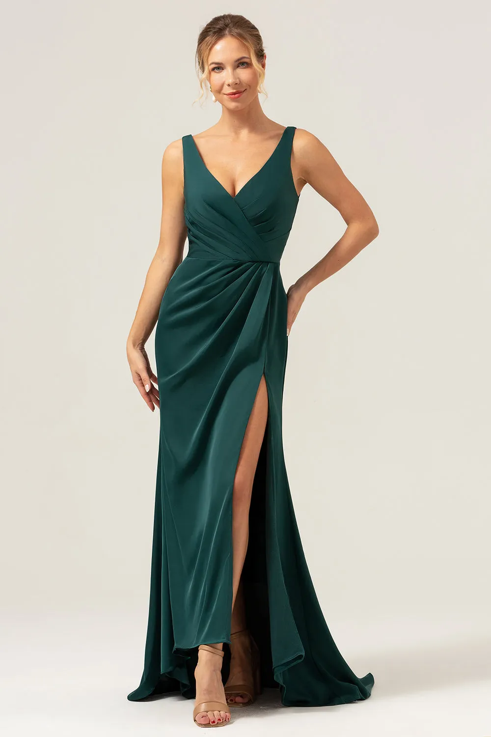 Dark Green Sheath V Neck Ruched High-Low Bridesmaid Dress with Slit sold by Zapaka product image thumbnail 3