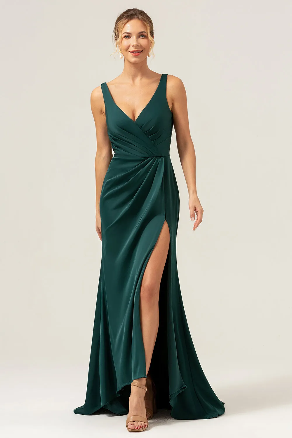 Dark Green Sheath V Neck Ruched High-Low Bridesmaid Dress with Slit sold by Zapaka