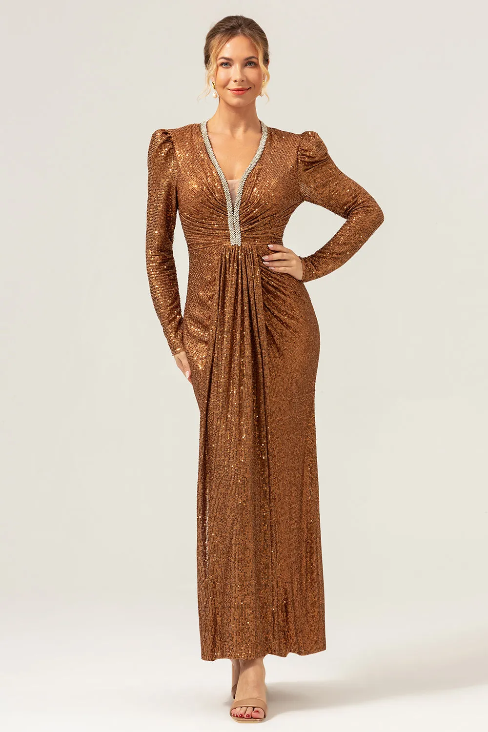 Sparkly Coffee Sheath V-Neck Sequins Long Prom Dress sold by Zapaka