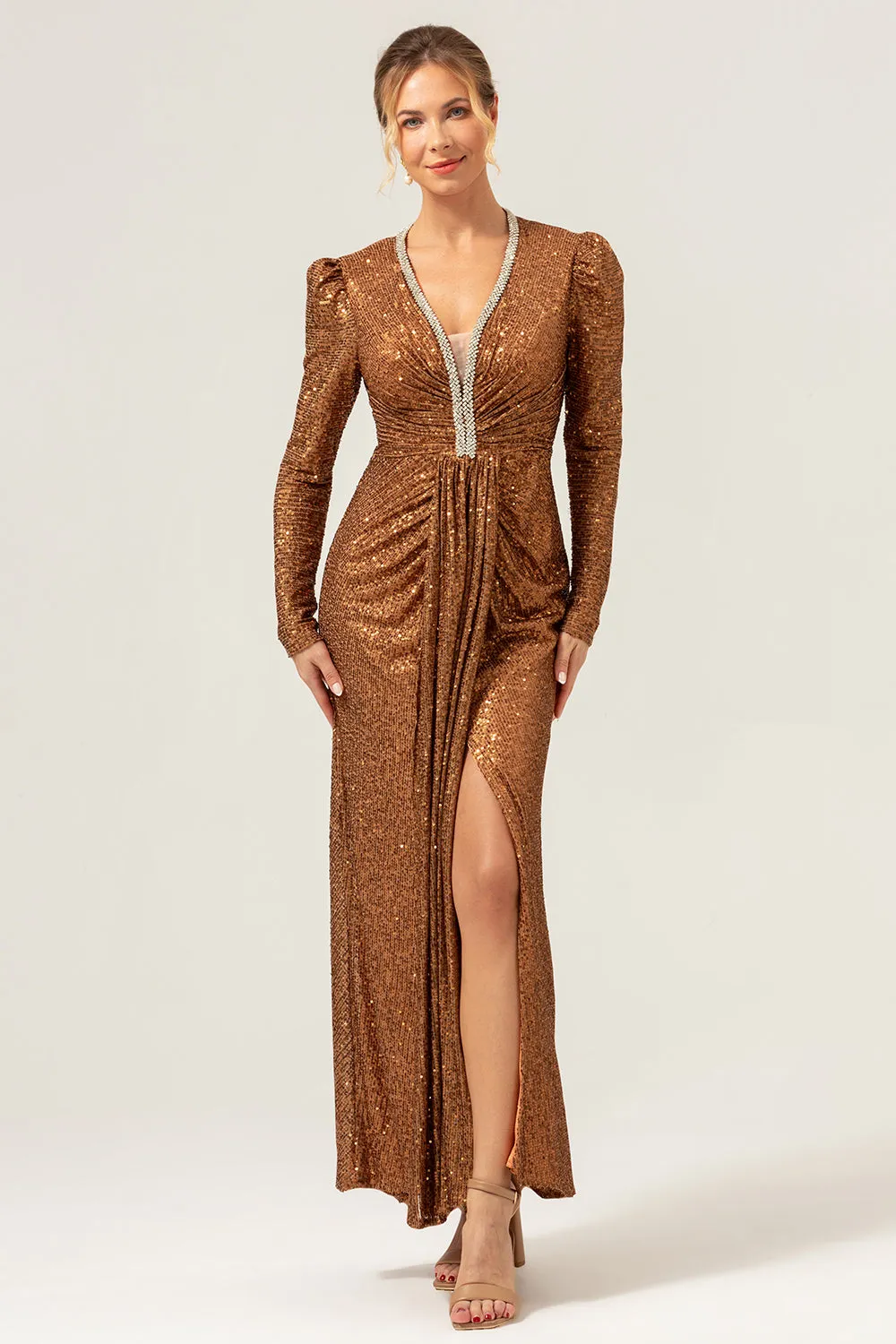 Sparkly Coffee Sheath V-Neck Sequins Long Prom Dress sold by Zapaka product image thumbnail 2