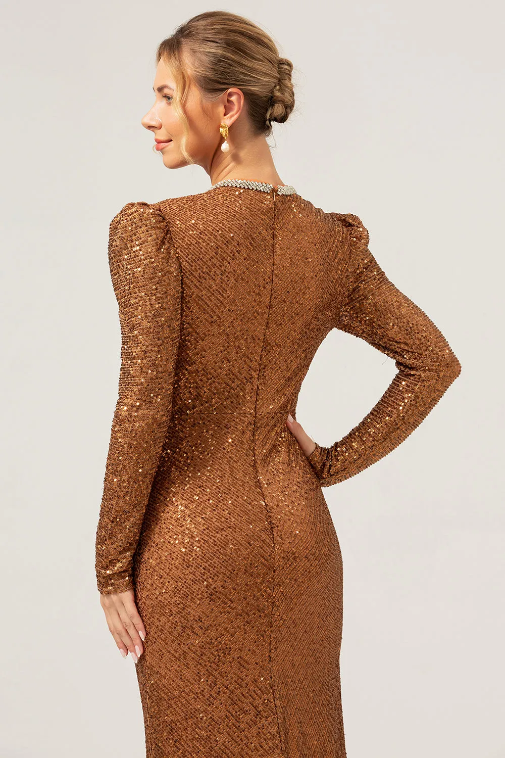 Sparkly Coffee Sheath V-Neck Sequins Long Prom Dress sold by Zapaka product image thumbnail 5