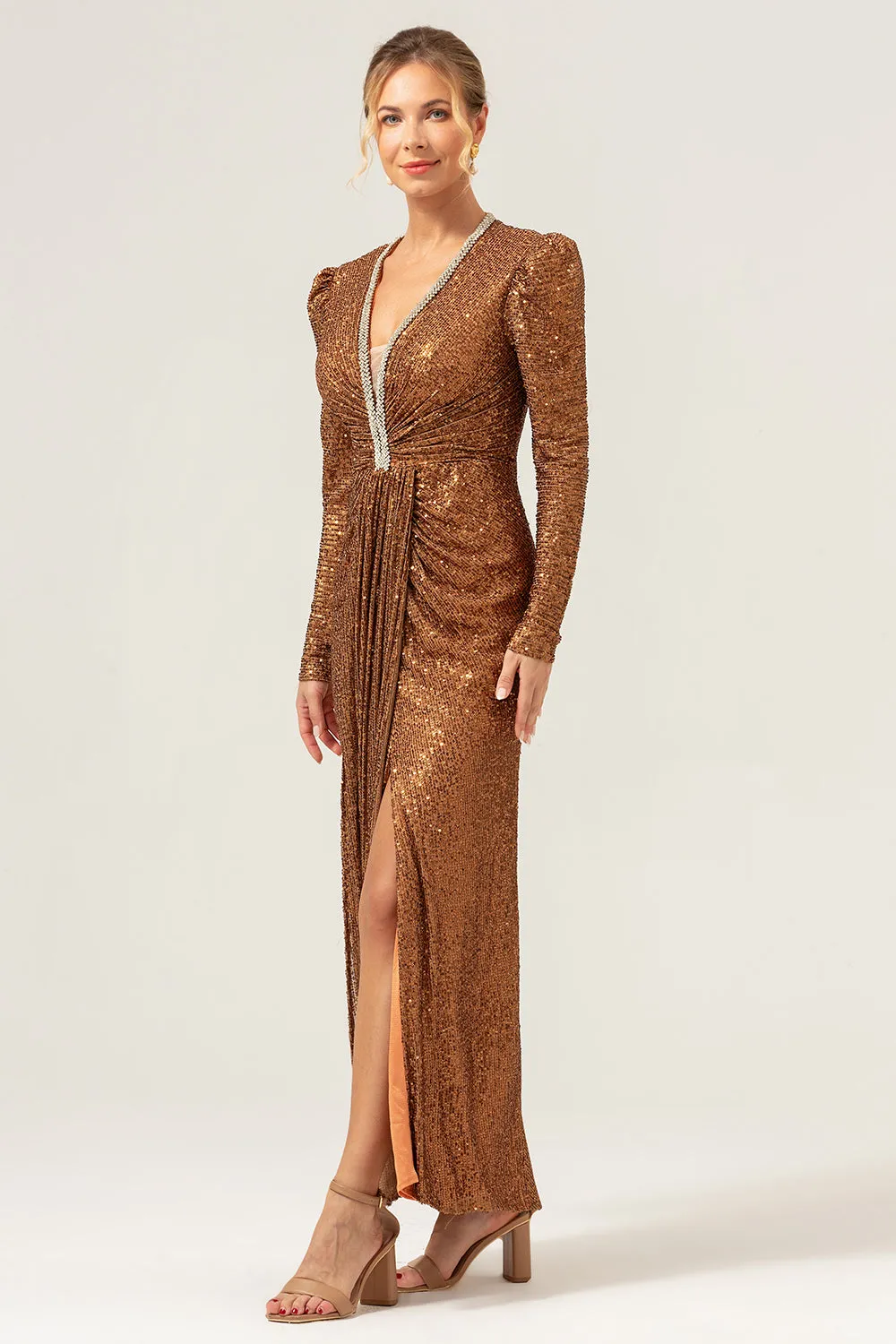 Sparkly Coffee Sheath V-Neck Sequins Long Prom Dress sold by Zapaka product image thumbnail 3