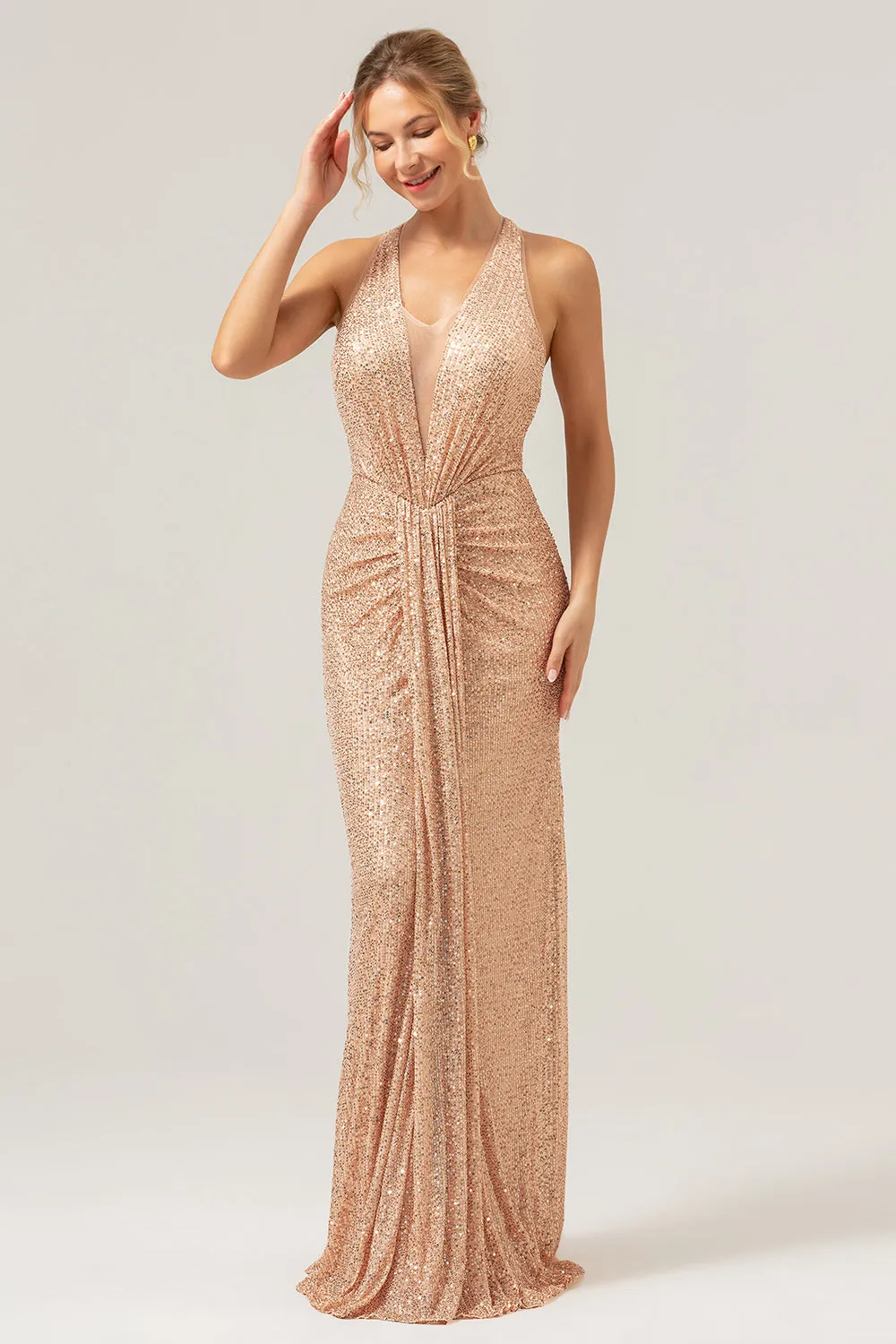 Glitter Blush Mermaid Halter Backless Long Prom Dress sold by Zapaka product image thumbnail 3