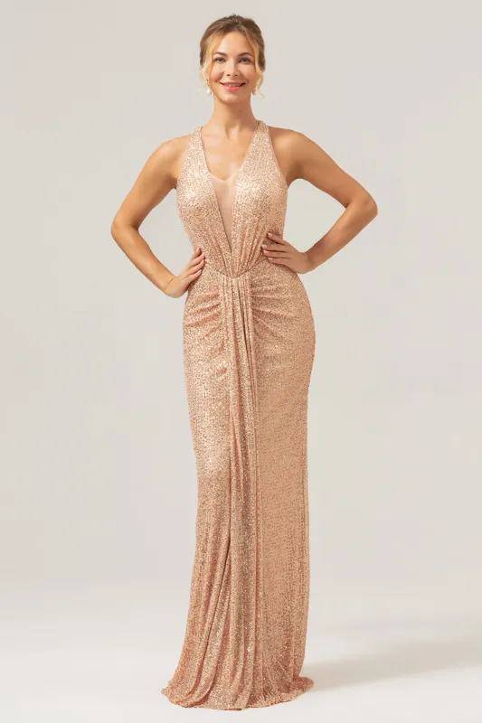 Glitter Blush Mermaid Halter Backless Long Prom Dress sold by Zapaka