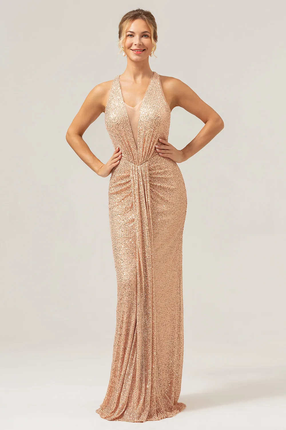 Glitter Blush Mermaid Halter Backless Long Prom Dress sold by Zapaka
