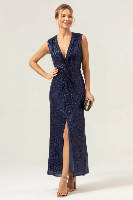 Sparkly Navy Sheath V-Neck Sequins Tea Length Prom Dress with Slit sold by Zapaka