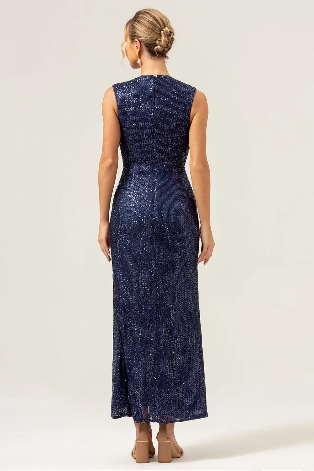 Sparkly Navy Sheath V-Neck Sequins Tea Length Prom Dress with Slit sold by Zapaka product image thumbnail 2