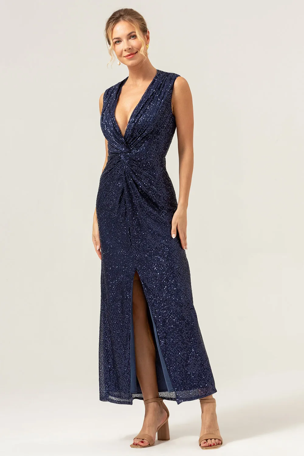 Sparkly Navy Sheath V-Neck Sequins Tea Length Prom Dress with Slit sold by Zapaka product image thumbnail 3