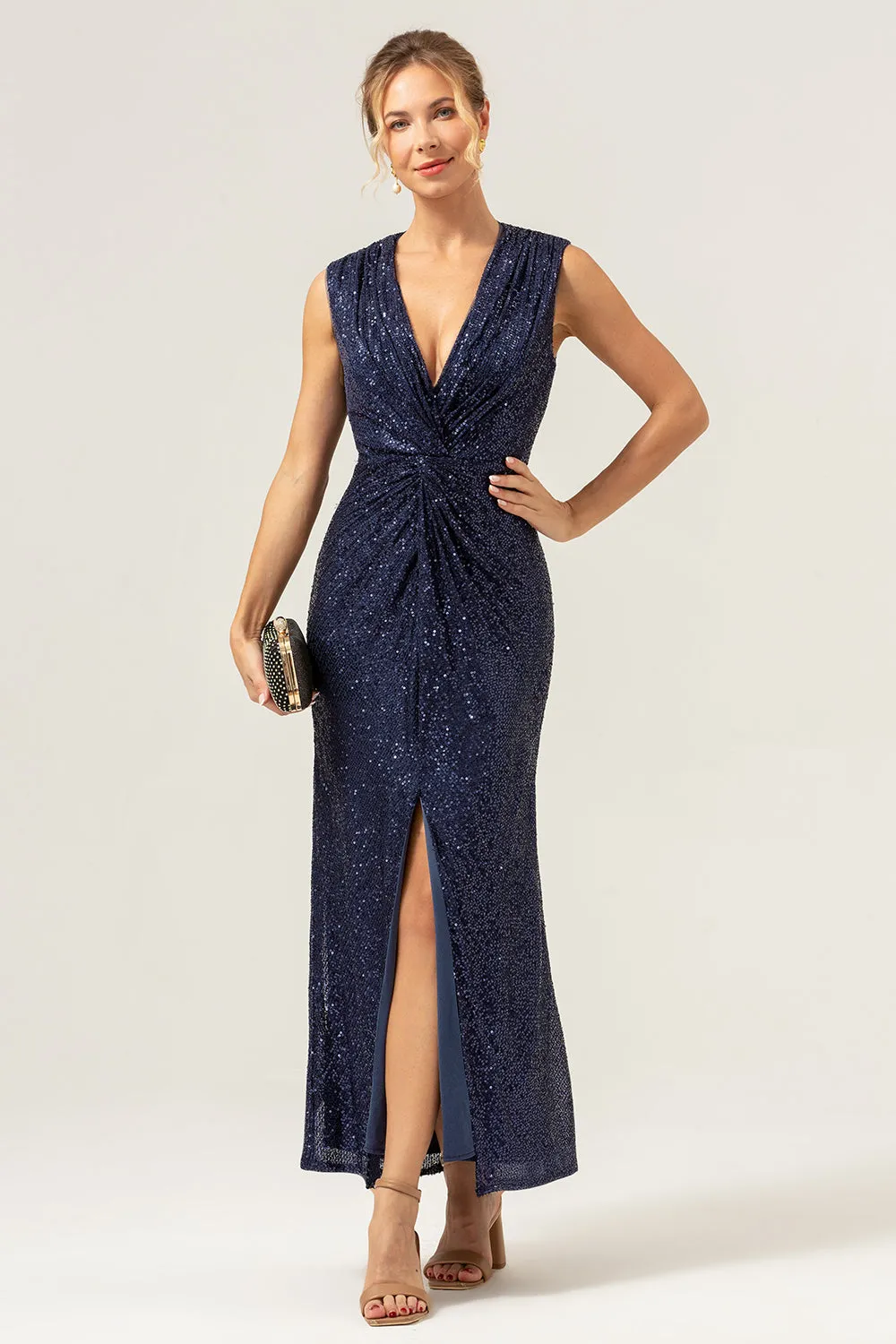 Sparkly Navy Sheath V-Neck Sequins Tea Length Prom Dress with Slit sold by Zapaka product image thumbnail 4