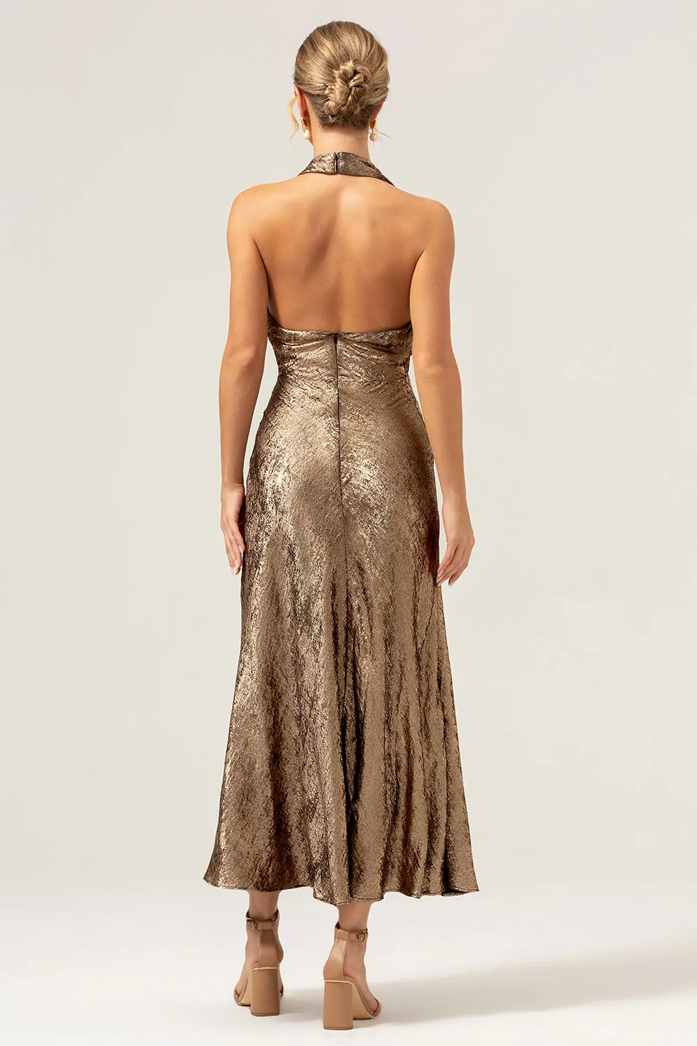 Golden Mermaid Halter Neck Backless Tea Length Bridesmaid Dress sold by Zapaka product image thumbnail 2