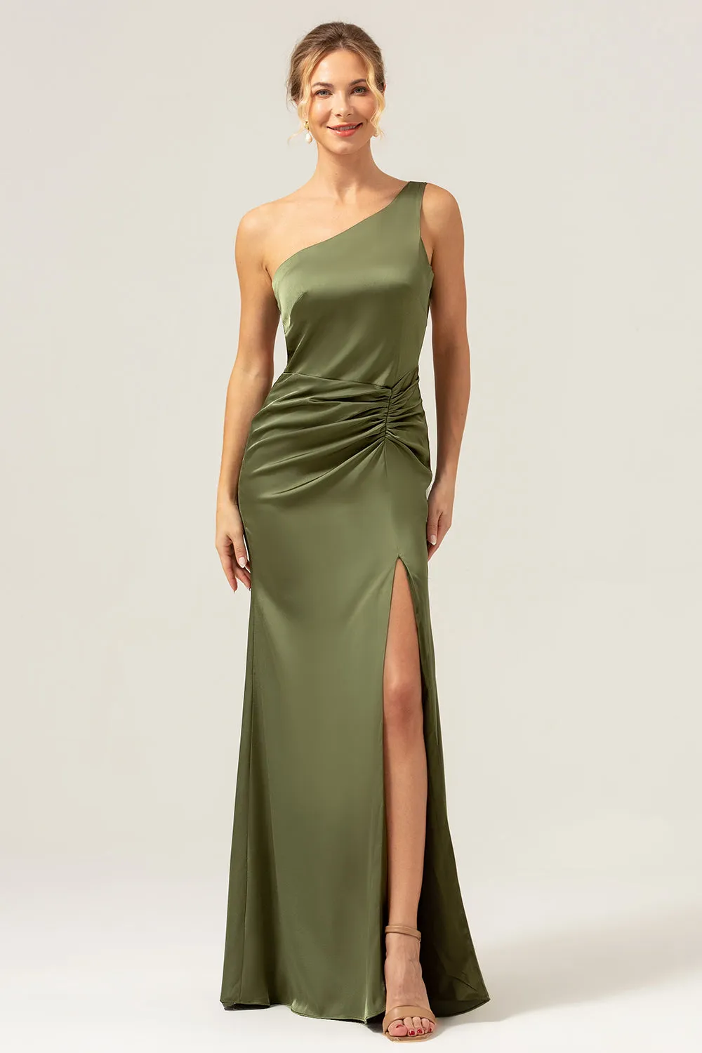 Olive Mermaid One Shoulder Backless Satin Long Bridesmaid Dress sold by Zapaka product image thumbnail 3