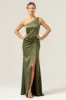 Olive Mermaid One Shoulder Backless Satin Long Bridesmaid Dress sold by Zapaka