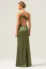 Olive Mermaid One Shoulder Backless Satin Long Bridesmaid Dress sold by Zapaka