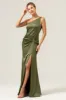 Olive Mermaid One Shoulder Backless Satin Long Bridesmaid Dress sold by Zapaka
