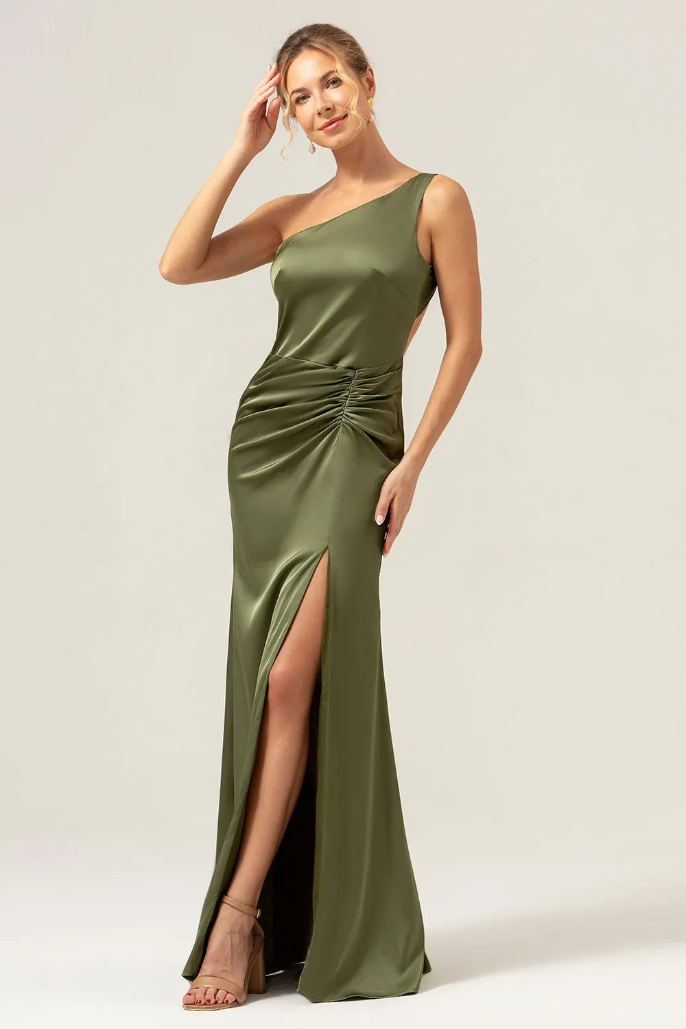 Olive Mermaid One Shoulder Backless Satin Long Bridesmaid Dress sold by Zapaka product image thumbnail 4