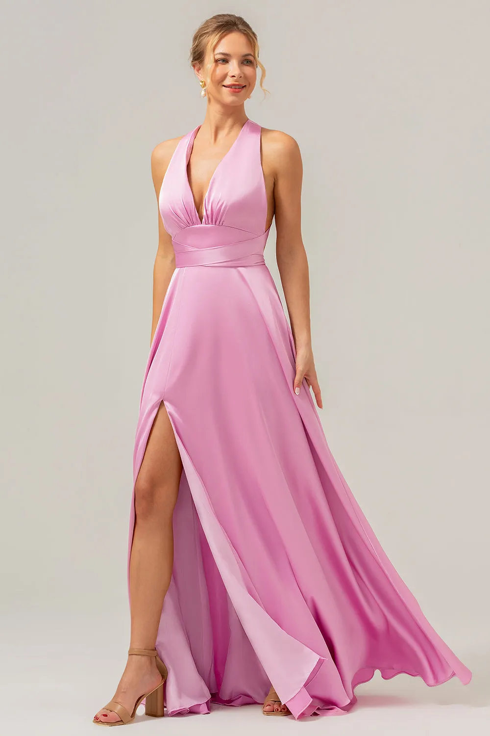 Pink A Line V-Neck Backless Satin Long Bridesmaid Dress with Slit sold by Zapaka product image thumbnail 4