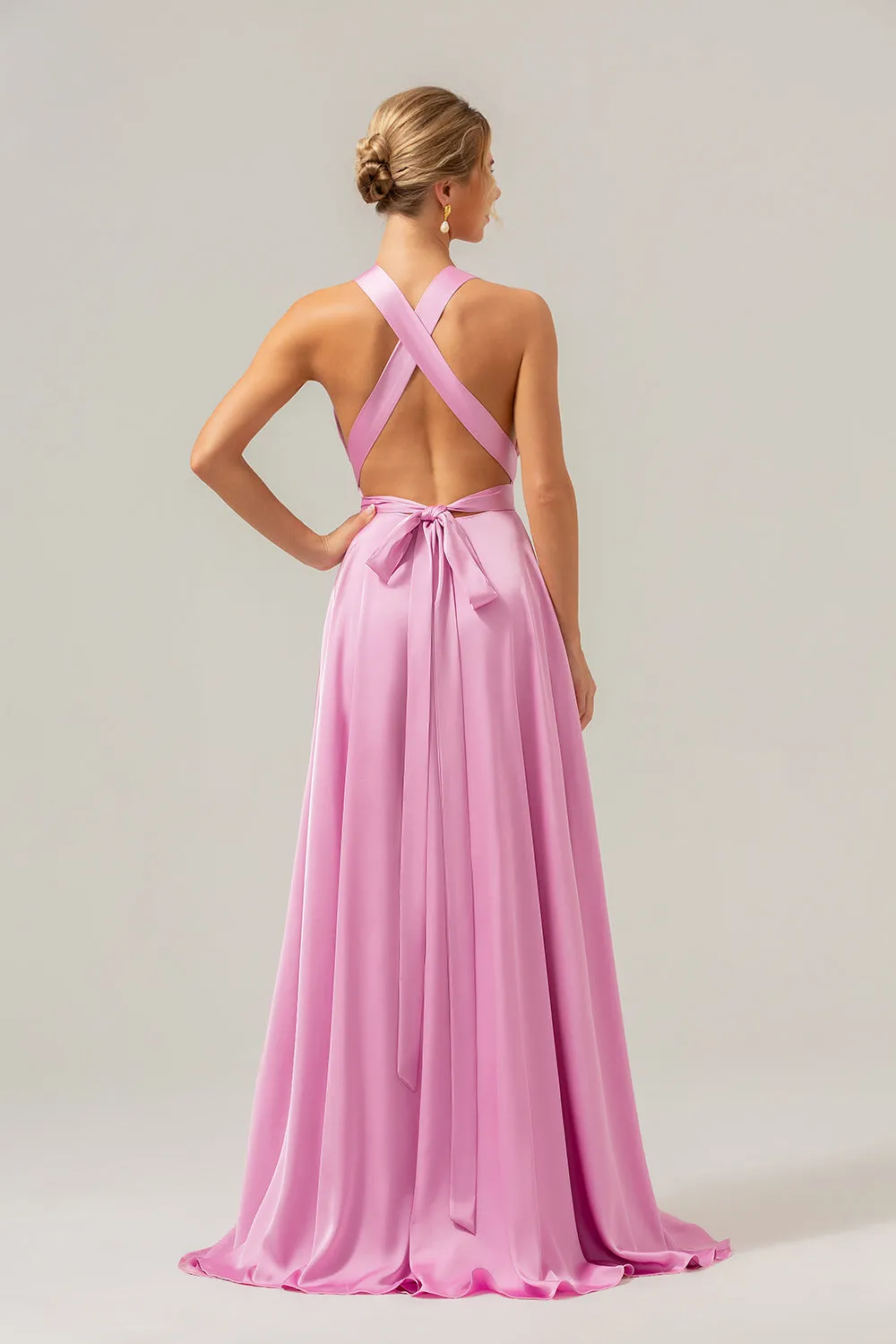 Pink A Line V-Neck Backless Satin Long Bridesmaid Dress with Slit sold by Zapaka product image thumbnail 2