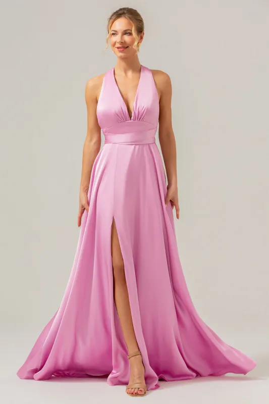 Pink A Line V-Neck Backless Satin Long Bridesmaid Dress with Slit sold by Zapaka