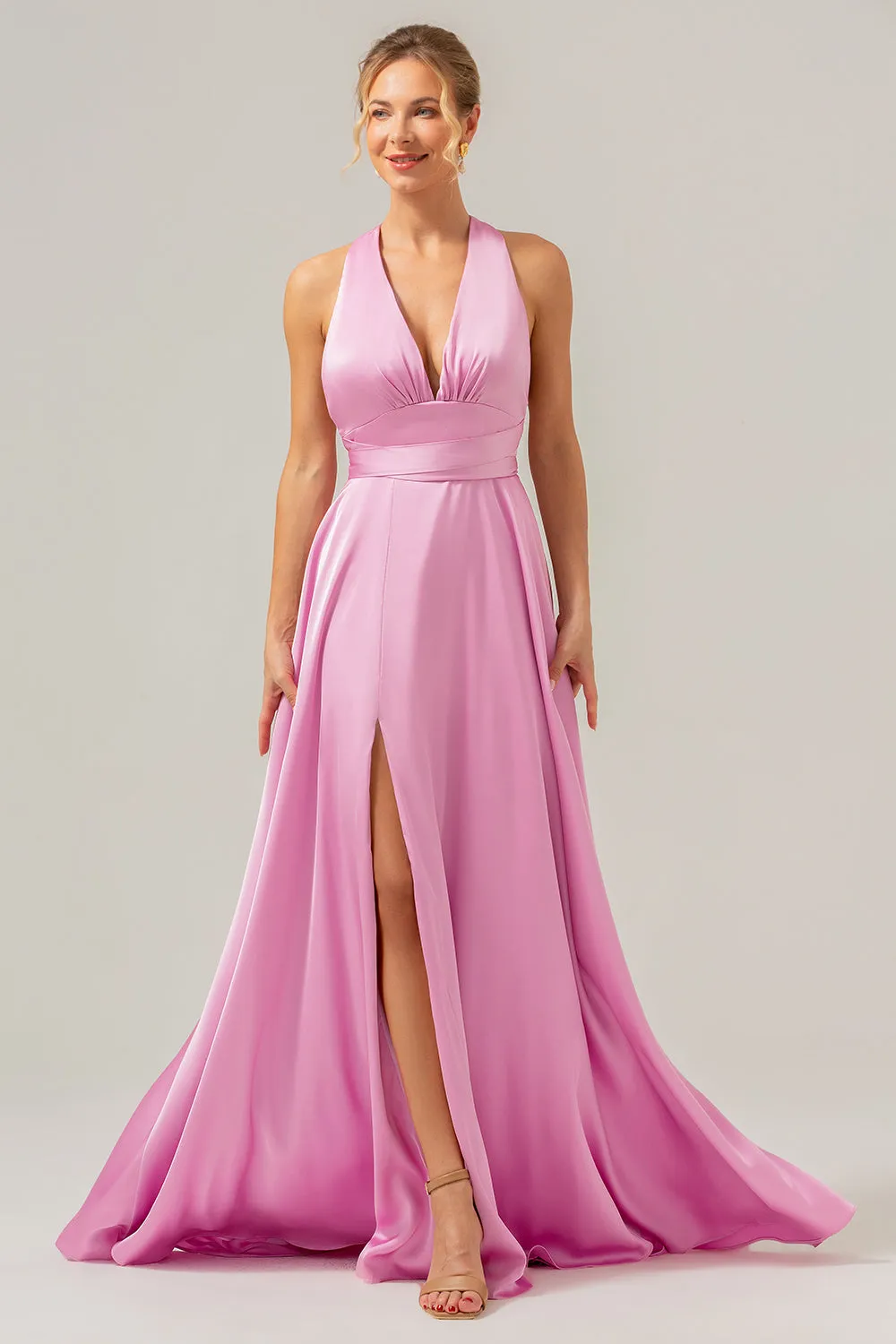 Pink A Line V-Neck Backless Satin Long Bridesmaid Dress with Slit sold by Zapaka