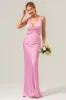 Pink Mermaid V Neck Ruched Satin Long Bridesmaid Dress with Lace Up Back sold by Zapaka