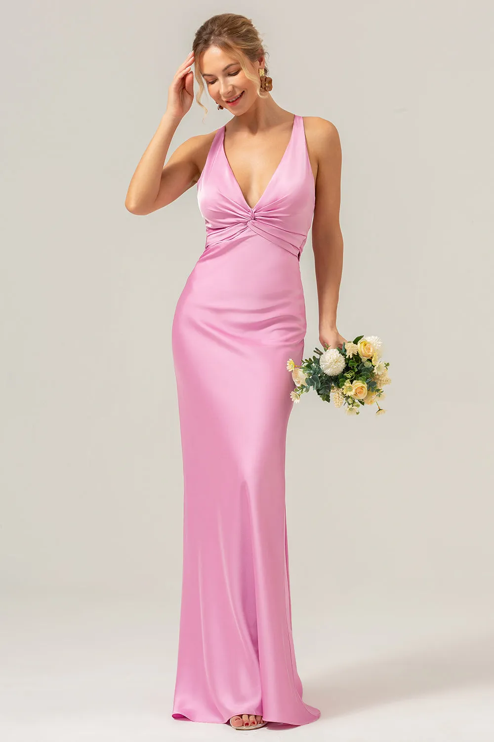 Pink Mermaid V Neck Ruched Satin Long Bridesmaid Dress with Lace Up Back sold by Zapaka product image thumbnail 5