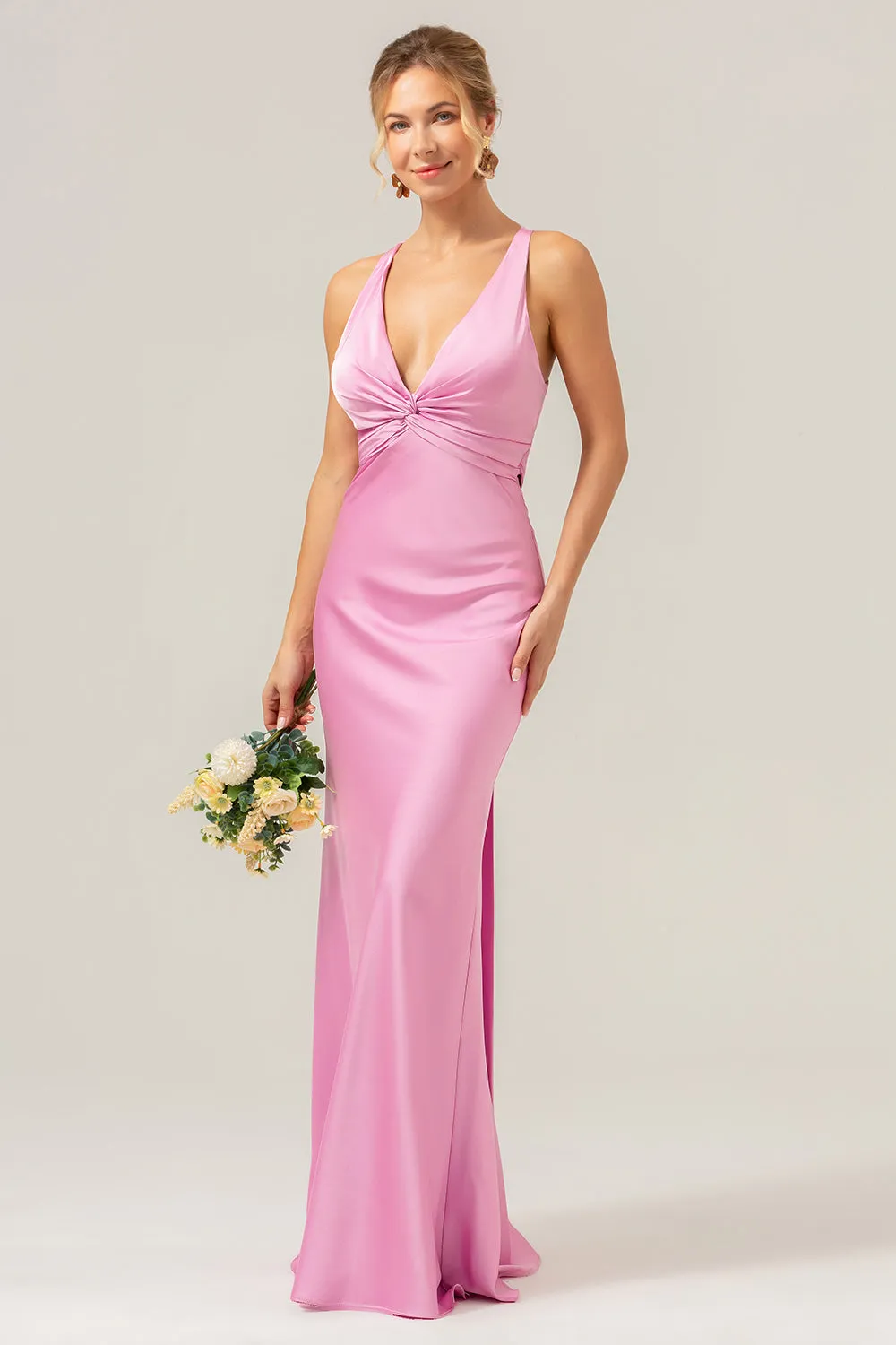 Pink Mermaid V Neck Ruched Satin Long Bridesmaid Dress with Lace Up Back sold by Zapaka product image thumbnail 4