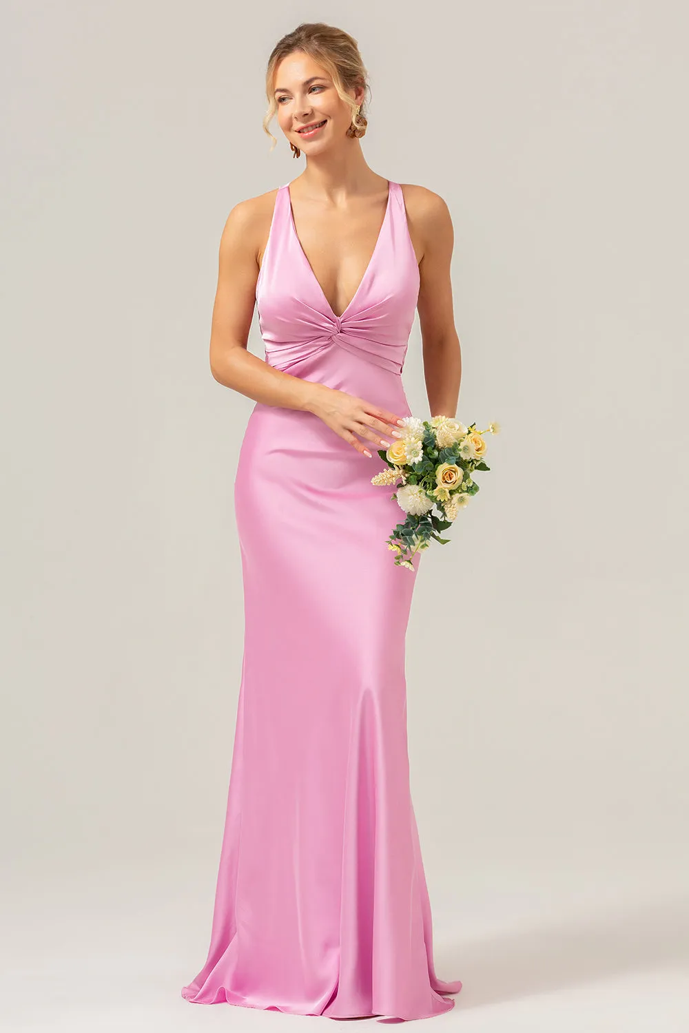 Pink Mermaid V Neck Ruched Satin Long Bridesmaid Dress with Lace Up Back sold by Zapaka