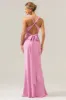 Pink Mermaid V Neck Ruched Satin Long Bridesmaid Dress with Lace Up Back sold by Zapaka