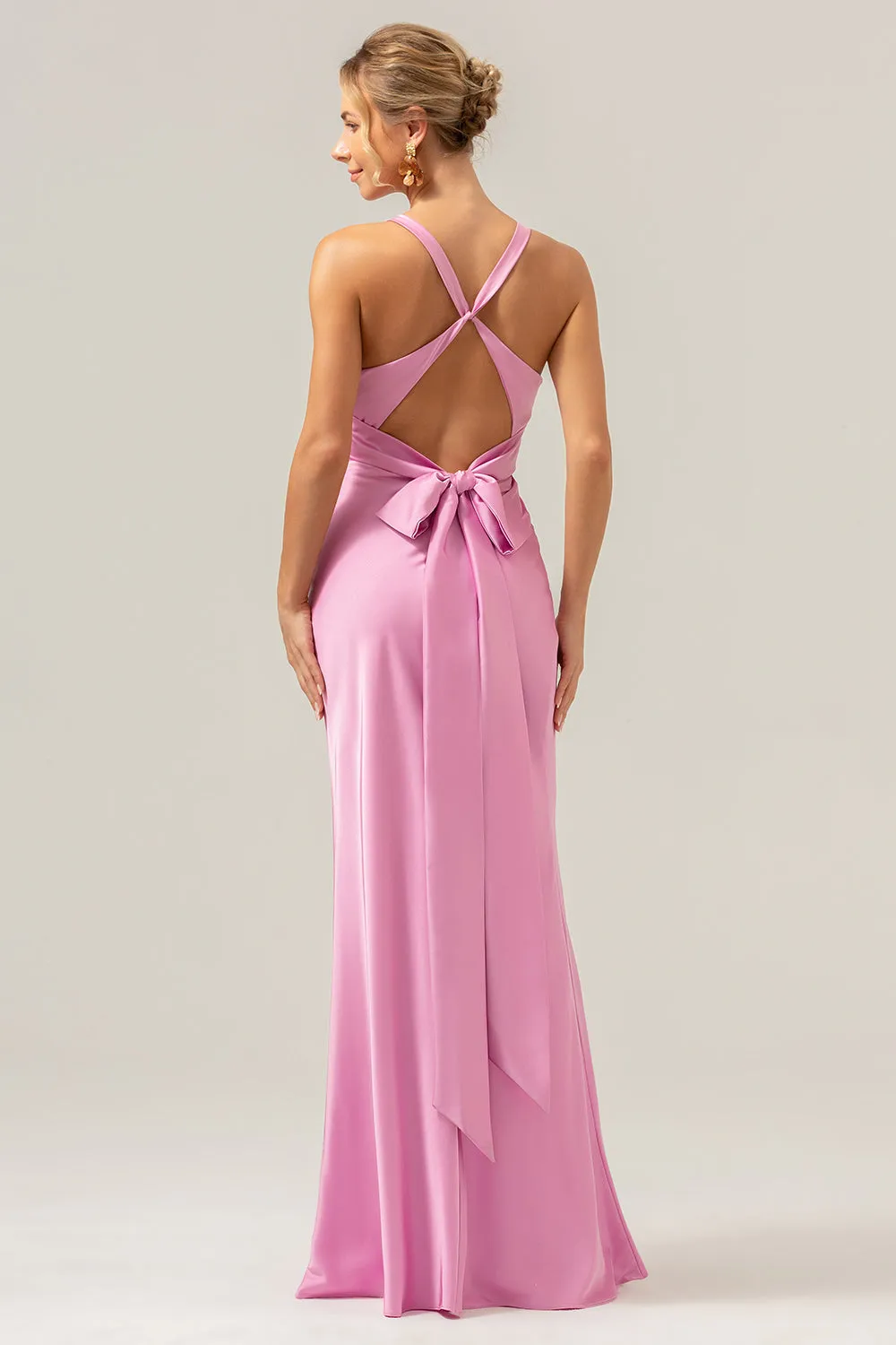 Pink Mermaid V Neck Ruched Satin Long Bridesmaid Dress with Lace Up Back sold by Zapaka product image thumbnail 2