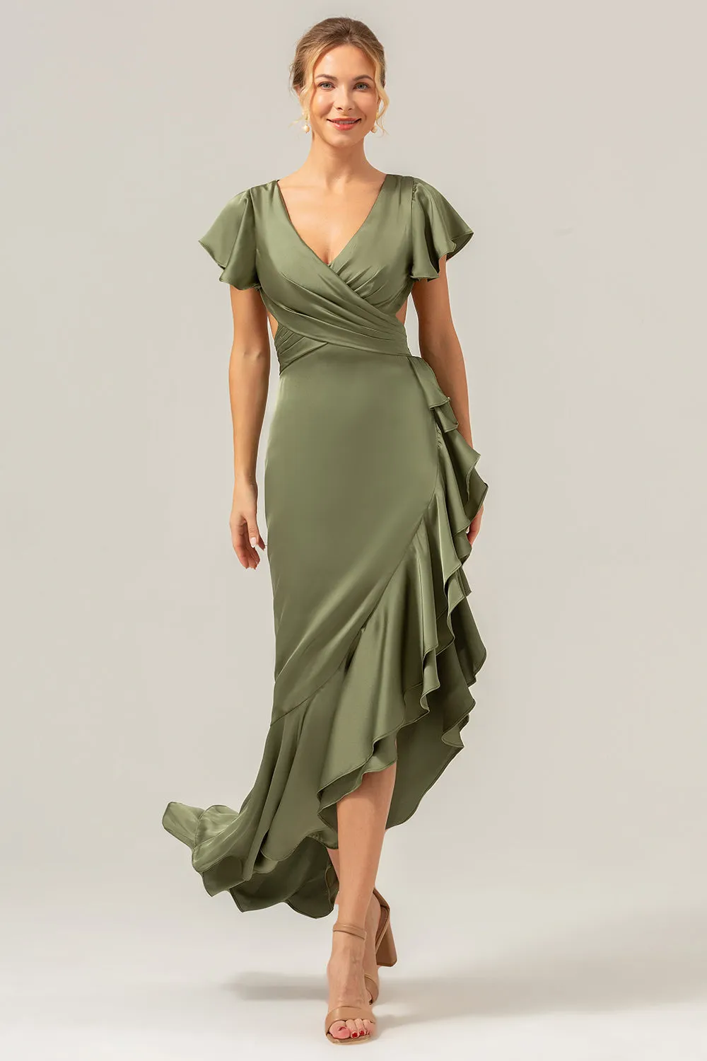 Olive A Line V Neck Satin Asymmetrical Bridesmaid Dress with Ruffle Slit sold by Zapaka product image thumbnail 4